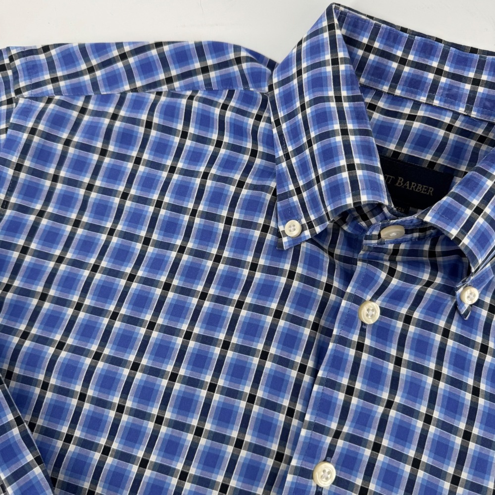 Scott Barber Mens Medium Blue Plaid 100% Cotton Button Down Long Sleeve Shirt‎